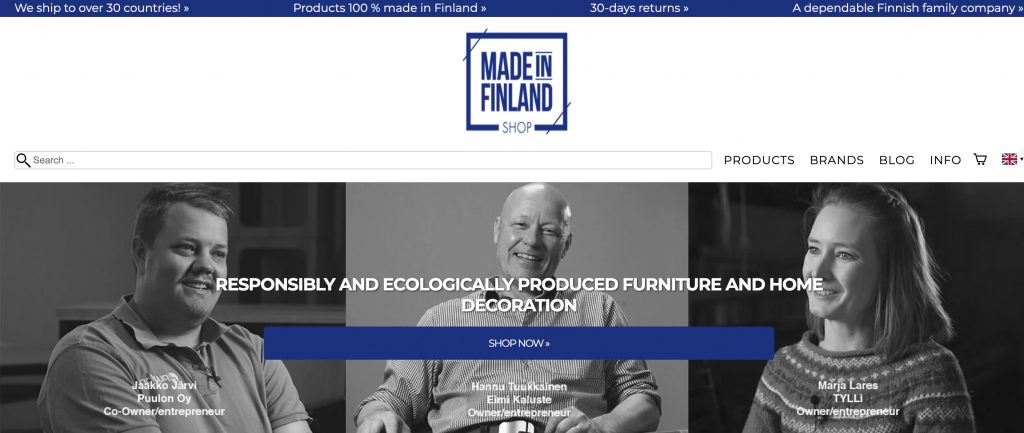 Kuvassa Made in Finland Shopin -verkkokaupan etusivusta kuvataan vastuullisuutta ja ekologisuutta sekä huonekalujen tuottajia.