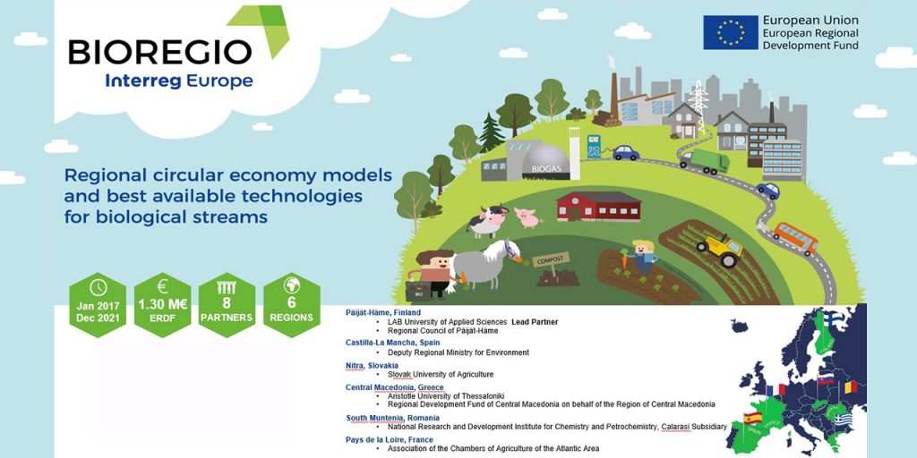 BIOREGIO general overview with a project master picture covering various bio-based circular economy processes and activities, a map of project partners, and main project indicators. 