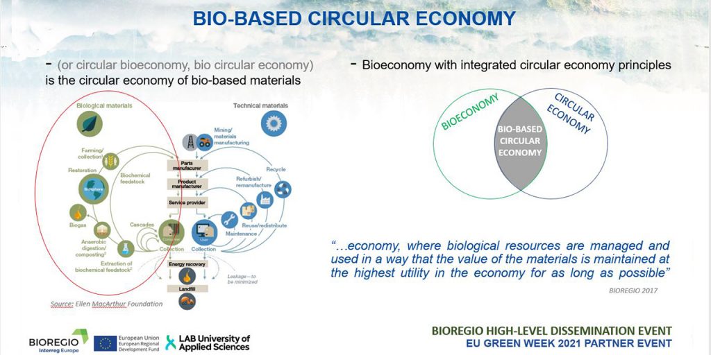 Different definitions of bio-based circular economy, on the left, the Butterfly diagram of Ellen MacArthur with biological and technical material flows, on the right graphical explanation of bio-based circular economy as an intersection of bioeconomy and cicrular economy 