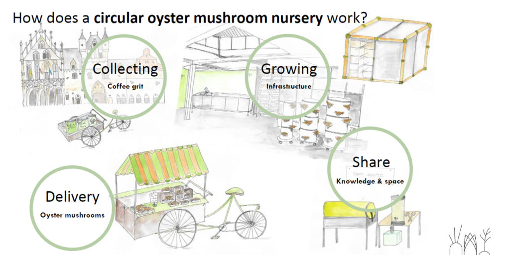 Graphical concept overview with four main parts. Each part represented by a drawing/picture. Clockwise: collecting coffee grit – city and cargo bike, growing infrastructure – oyster nursery, share knowledge and space – equipment, and delivery oyster mushrooms – bicycle and stand for selling.
