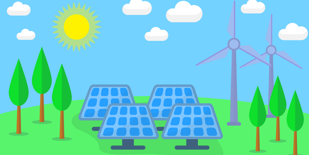 A digital drawing of renewable energy sources including solar PV, wind power and biomass in a form of trees.