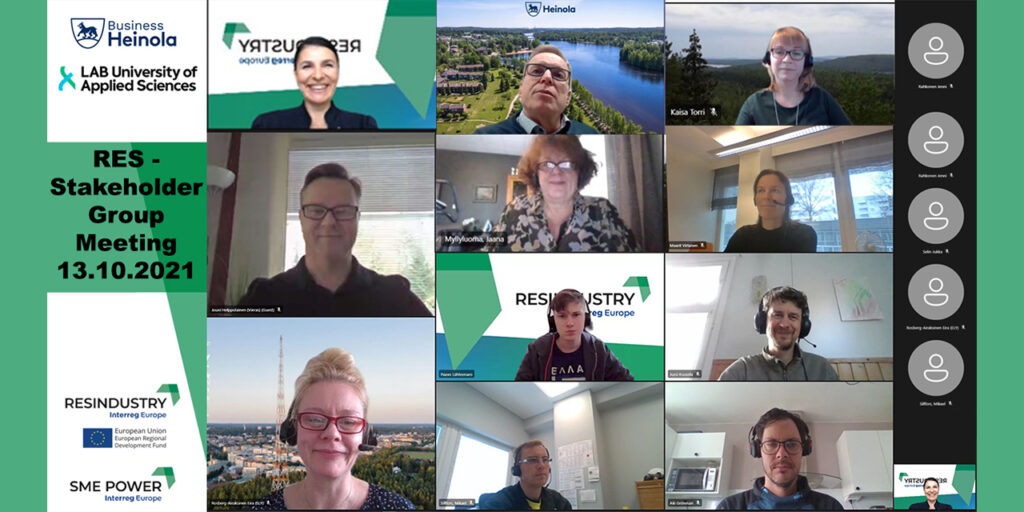 Printscreen of the online RES – stakeholder Group Meeting on 13.10.2021 with meeting participants’ faces with project partners logos of RESINDUSTRY, SME POWER, LAB University of Applied Sciences and Business Heinola.]