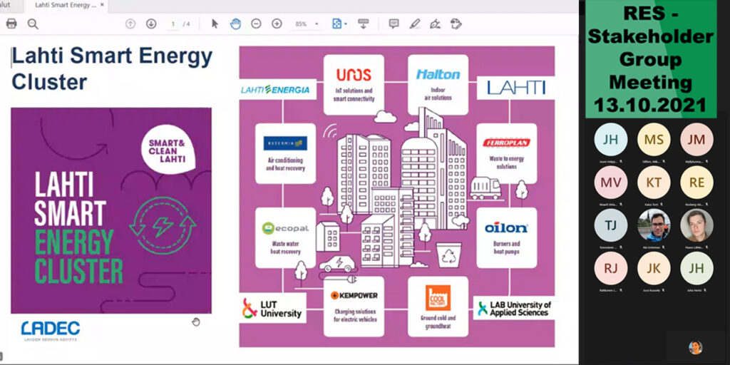 Printscreen of various members and their logos concluding the Lahti Smart Energy Cluster presented at the online RES – stakeholder Group Meeting on 13.10.2021. Partners’ logos displayed are LAHTI city, Ferroplan, Oilon, LAB University of Applied Sciences, Cool Factory, Kempower, LUT University, Ecopal, Ritermia, Lahti Energia, Uros, and Halton