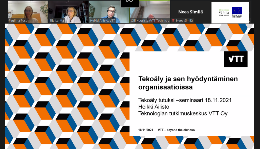 [Alt teksti: Aloituskuva Tekoälyn mahdollisuudet webinaarista. Ensimmäisen puhujan, Heikki Ailiston aiheena oli Tekoäly ja sen hyödyntäminen organisaatioissa.]