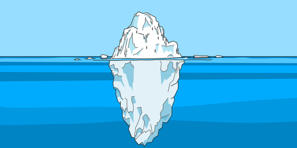 Sinisävyinen piirros jossa jäävuori ja vettä. Jäävuoresta on näkyvissä yksi neljäsosa ja pinnan alle jää kolme neljäsosaa