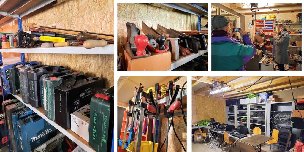 a picture collage of five pictures of various tools, equipment and laptops in tool library
