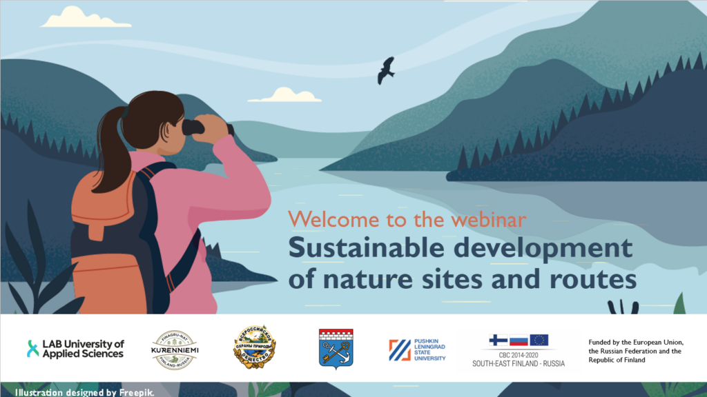 [ALT-text: Presentation slide with headline, logos and illustration of a nature hiker with a packback is looking lakeside scenery through binoculars.]