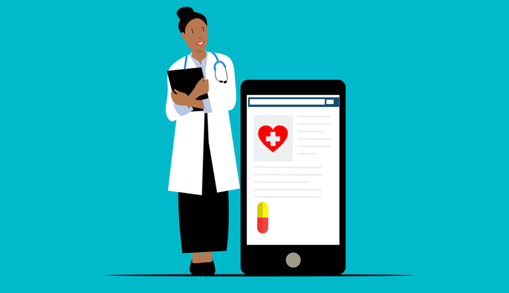 [Alt-teksti: Piirroskuva, jossa sinisellä pohjalla lääkäritakkinen naishahmo ja hänen vieressään lähes ihmisen kokoinen älypuhelin, jonka näytöllä erottuu sydänsymboli ja lääkekapselin kuva.]
