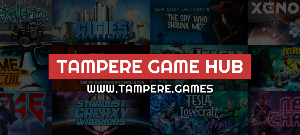 [Alt text: In the background there are images of twelve games and in front of them is text: Tampere Game Hub and www.tampere.games.]