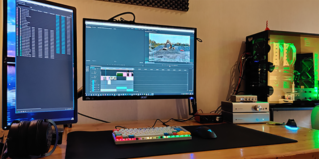 a picture of the working table of video editing, which includes two displays, keyboard, mouse, headphones, computer, and audiogear. 
