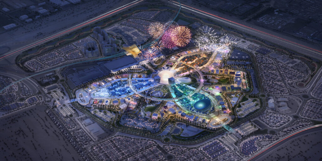 Colourful Visualization of the Expo 2020 area in Dubai showing three different areas of the expo in different color.