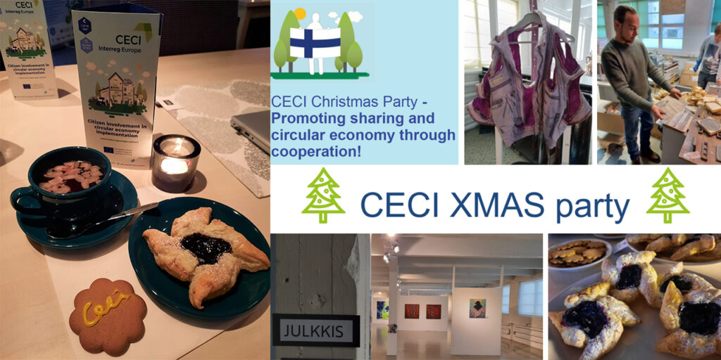 A collection of photos and pictures from the CECI dissemination event, including a photo of Christmas sweets and cup pf glögi, joulutorttu - Finnish Christmas Star cookies, a photo of the gallery with art works of local high school students, photo of a textile art piece, and lastly person showing a collection of old stamps for printing.