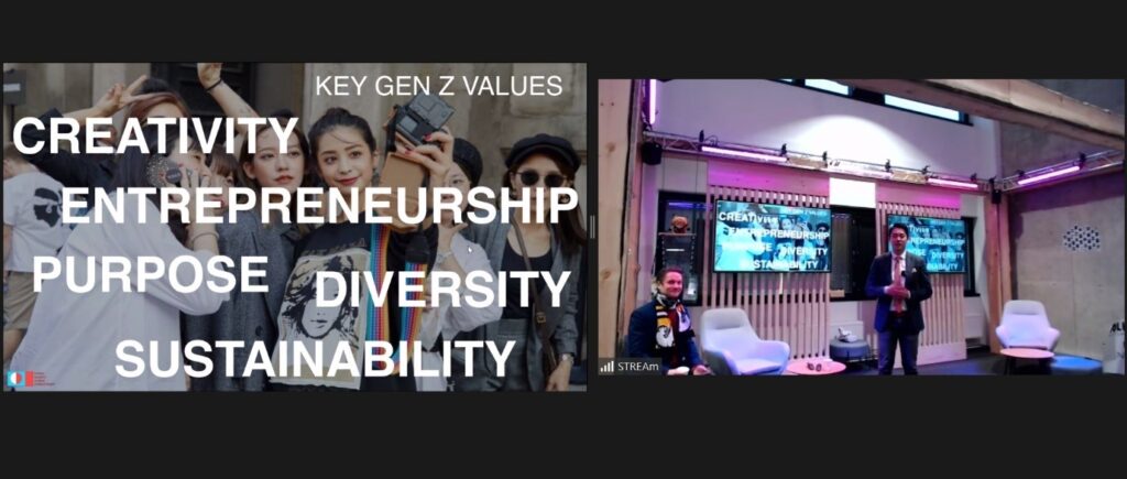 
[Alt text: Two pictures are side by side. Left one has young Chinese people in the background and in front the words: Creativity, Entrepreneurship, Purpose, Diversity and Sustainability. On the right side video feed from the live venue where two people are standing on the stage.]