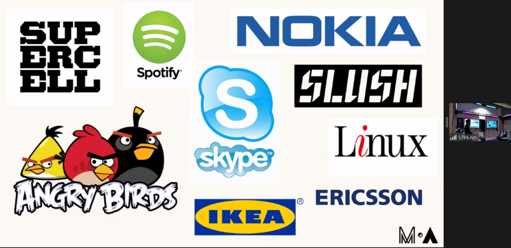 [Alt text: Two pictures are side by side. Left one has the logos of Supercell, Spotify, Nokia, Angry Birds, Skype, Slush, Ikea, Linux and Ericsson. On the right side there is a very small picture of video feed from the live venue.]