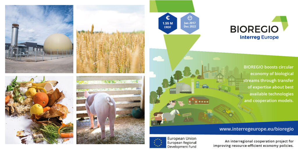 Collage. On the left, there are four photographs representing bio-based circular economy: photo of wheat field, a pig, biowaste, biogas plant. On the right, there is a modyfied BIOREGIO project poster, with the project logo, EU flag, budget : 1,55€ ERDF, duration January 2011 until December 2022, full project summary: BIOREGIO boosts circular economy of biological streams through transfer of expertise about best available technologies and cooperation models, and the lik to the project website: www.interregeurope.eu/bioregio.
