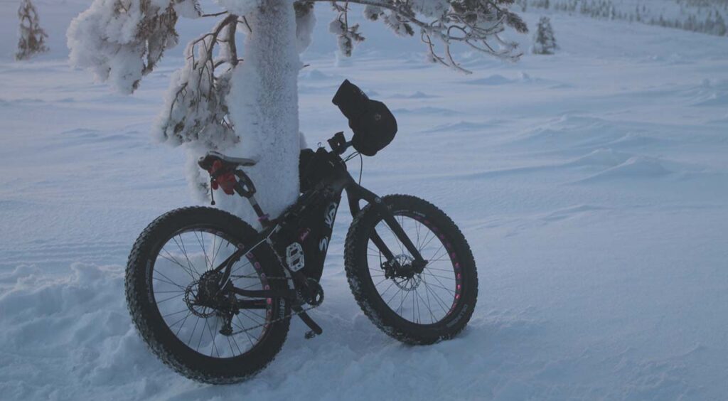 [Alt-teksti: Polkupyörä, jossa on erittäin paksut renkaat, nojaa lumiseen puunrunkoon lumen peittämän aukion keskellä.]