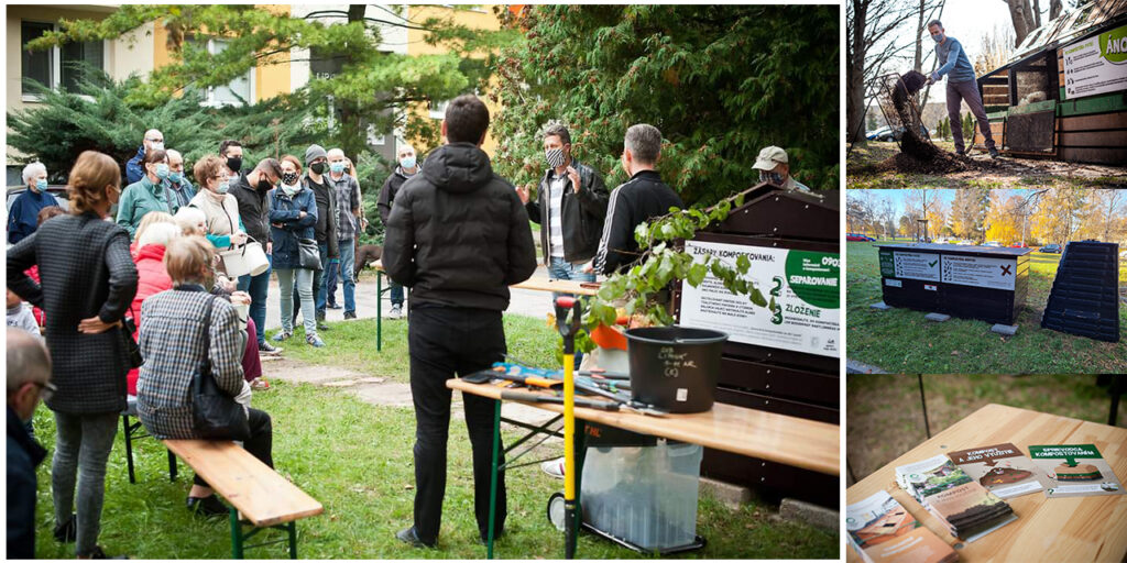 A combination of four pictures, the biggest picture shows a community of people surrounding the community composter. On the right side, there are three smaller pictures: a man improving the compost by aeration, the composter with information on the wall, and a set of brochures raising awareness of composting.