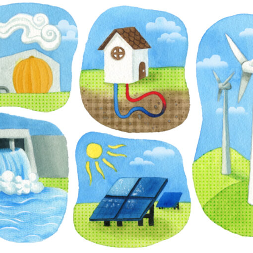 A drawing of five separate pictures representing different renewable energy sources. From top left clockwise: a biogas plant, a house with a geothermal energy system, two wind turbines, sun and a PV panel, and a hydro energy plant.