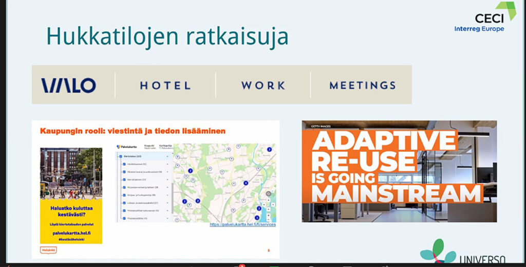 Näyttökuva esityksestä nimeltä Hukkatilojen ratkaisuja. Kuvassa vasemmalla näkyy Helsingin keskustan kartta, johon on merkattu vuokratiloja. Oikealla on kuva toimistotilasta ja kuvan päällä näkyy englanninkielinen otsikko: Adaptive re-use is going mainstreem. 
