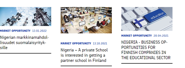 [Alt text: In screenshot there are headlines like Market opportunity - Business opportunities for Finnish companies in the educational sector.]