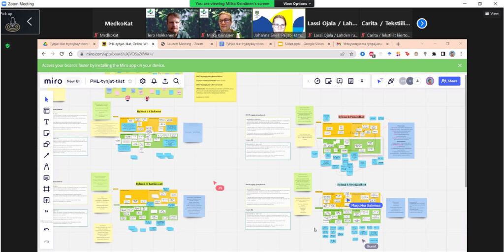 A printscreen of an online whiteboard canvas displaying four different focus group areas. Each focus group is built from a collection of multicoloured boxes/sticky notes, frames, and cards with groups’ inputs and ideas. 