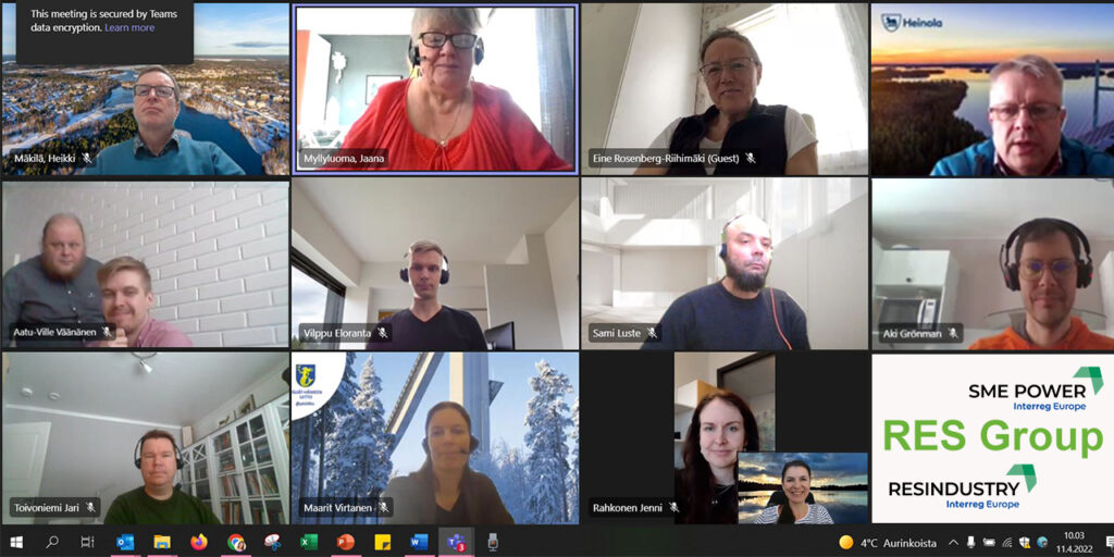a mosaic of photos of people participating in an online meeting in TEAMS. At the right bottom corner, there is text saying RES Group and two project logos are visible: RESINDUSTRY and SME POWER. 