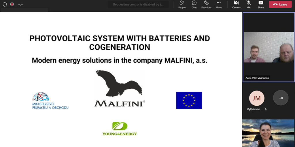 A printscreen from an online meeting in TEAMS. In the centre, there is a slide with the title of the presentation: Photovoltaic system with batteries and cogeneration. Modern energy solutions in the company MALFINI, a.s., under the title, there are four logos, two of the companies involved: MALFINI and Younf4Energy, and two of the funding institutions. On the right, there are two pictures, on the top one, there are two men, the speakers, and at the bottom, a picture of a woman. 