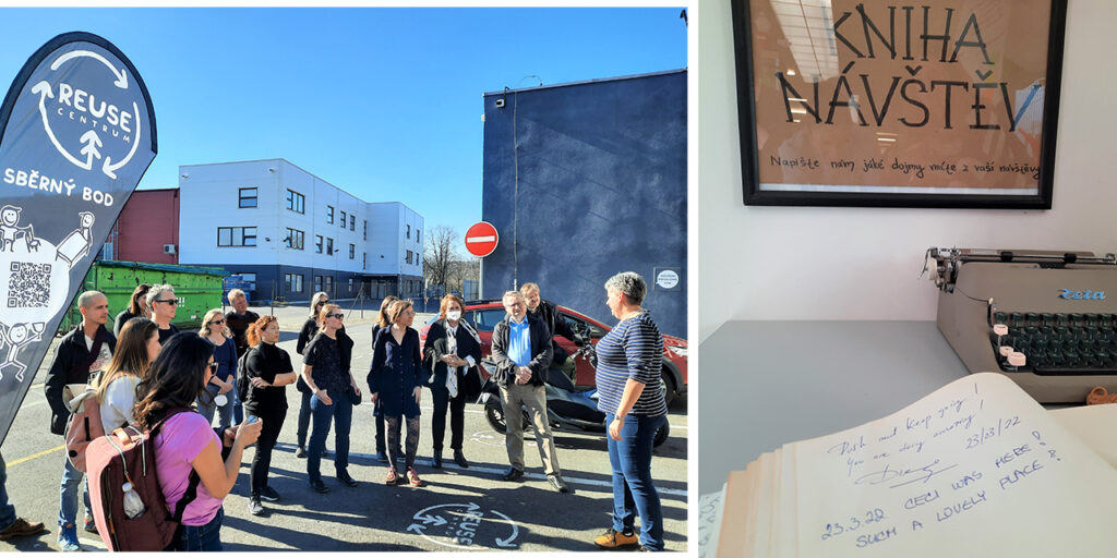 Two photos. On the left, there is a group of people in front of a building, there is a sign on the ground and as well on the left, stating REUSE Centrum. The group of people listens to one woman speaker. On the right, there is a visitors’ book with two messages. Behind the book, there is an old typing machine, and, on the wall, there is a sign Kniha návštěv.
