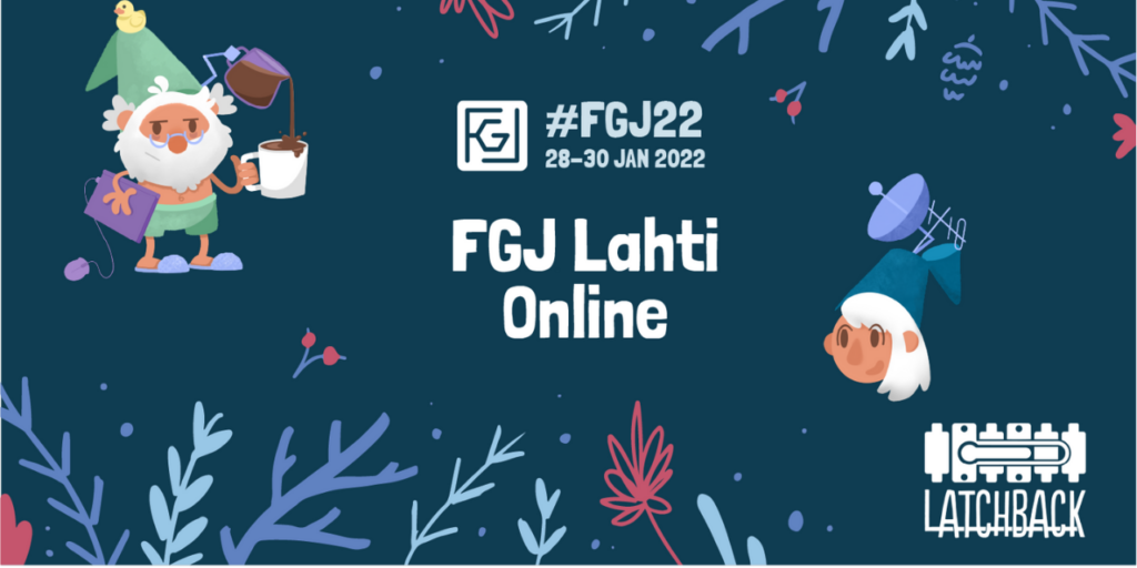 Two elves and winter branches in the background and in front text: FGJ Lahti Online.