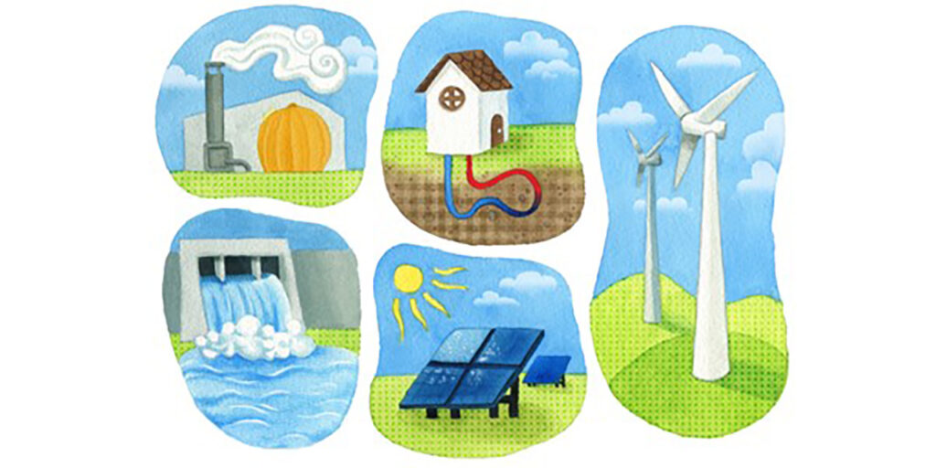 A drawing of five separate pictures representing different renewable energy sources. From top left clockwise: a biogas plant, a house with a geothermal energy system, two wind turbines, a sun and a PV panel, and a hydro energy plant.
