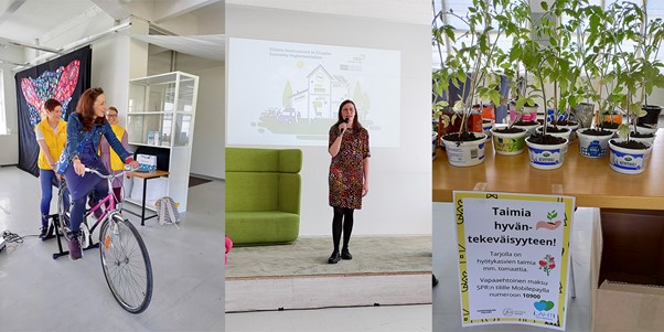 Combination of three photographs. On the left woman is riding a bike indoors to charge a mobile phone. In the middle a woman is standing front of a screen and speaking in a mic. On the right, there is a table on which many tomato seedlings are placed. In front of the table there is a notification in Finnish. 