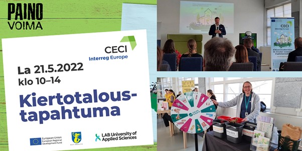 A combination of three pictures. On the left, there is a white board with the title, day and time of the event in Finnish with organiser’s logos. On the right top, there is a man standing and talking in front of an audience. On the right bottom, there is a smiling lady standing behind a table on which several plastic waste bins and leaflets are placed. Next to her there is a wheel that people can spin. 