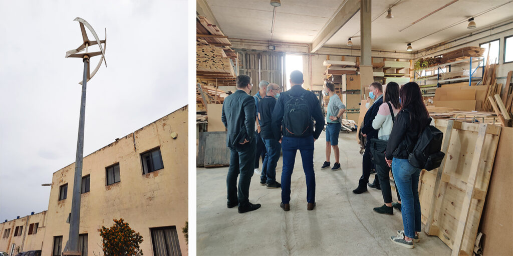 There are two photos. On the left, there is a vertical wind vertical axis wind turbine in front of a building. On the right, there is a group of people inside, somewhere in a furniture company or wood workshop.