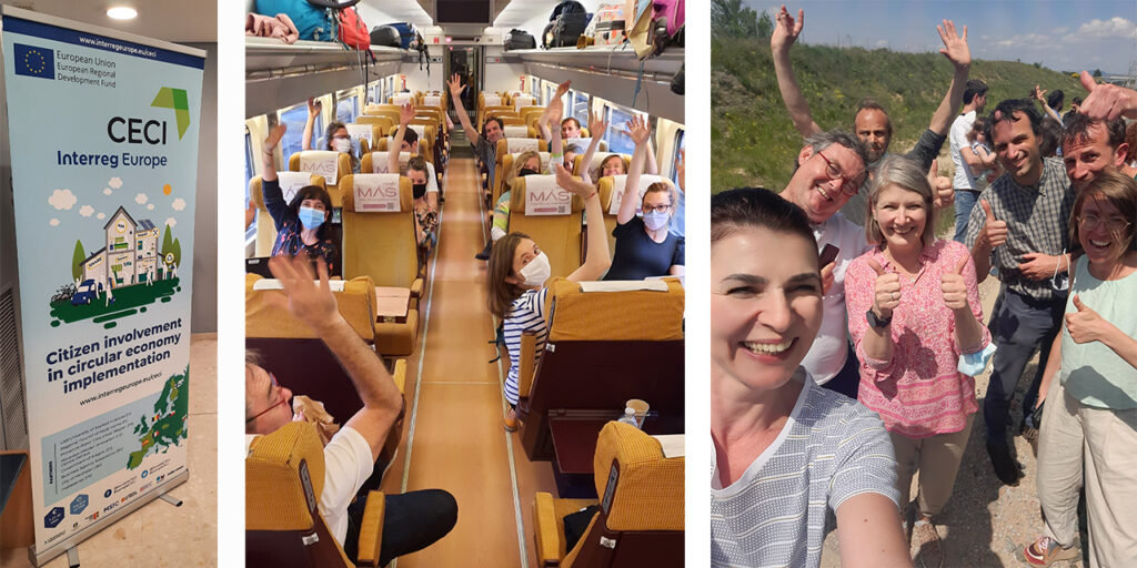 A picture including three photos. The one on the left is a photo of a light blue coloured roll-up with the CECI Interreg Europe logo. In the middle, there is a photo of a group of people waving and sitting on the train wearing surgical masks. On the right is a photo of a group of smiling happy people standing outside on a sunny day. 

