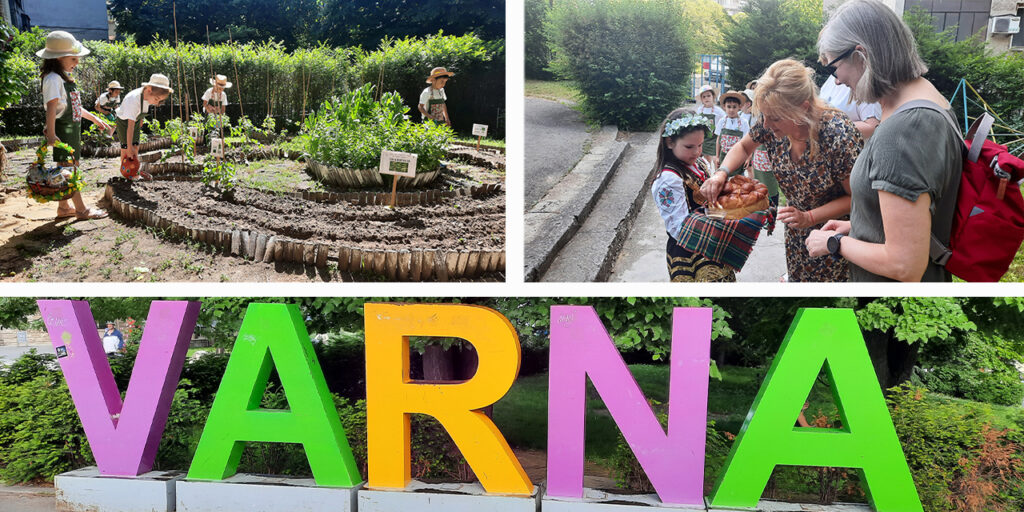 A picture including three photos. Two of the photos are on top and one on the bottom of the picture. The top left photo shows five small children in a garden watering plants and wearing similar clothes and hats. The top right photo shows a little girl wearing Bulgarian national costume offering bread to two ladies. The bottom photo shows colorful letters composing the name of the city of Varna. 