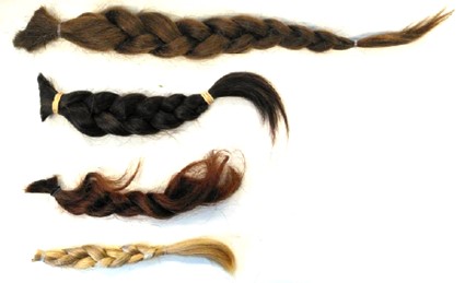 Four different colors and lengths of hair braids.