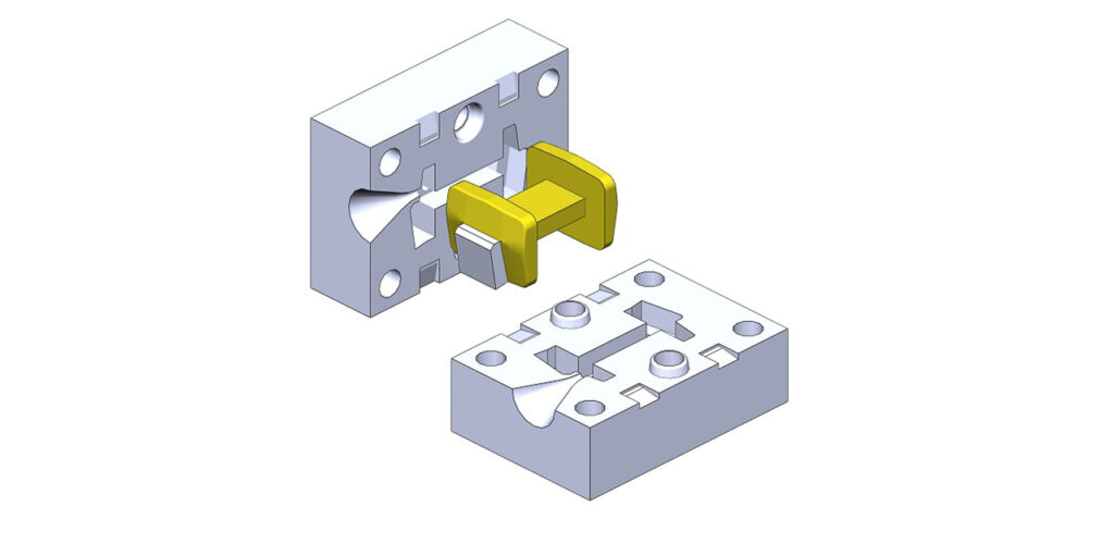 Wihite, gray and yellow coloured picture. 3D CAD drawing of mold core and cavity and cast part. 