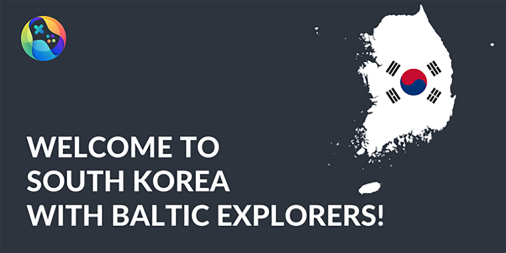 [Alt: Black slide that has white map of South Korea on the right with Korean flag. Tittle of the slide is “Welcome to South Korea with Baltic Explorers”]