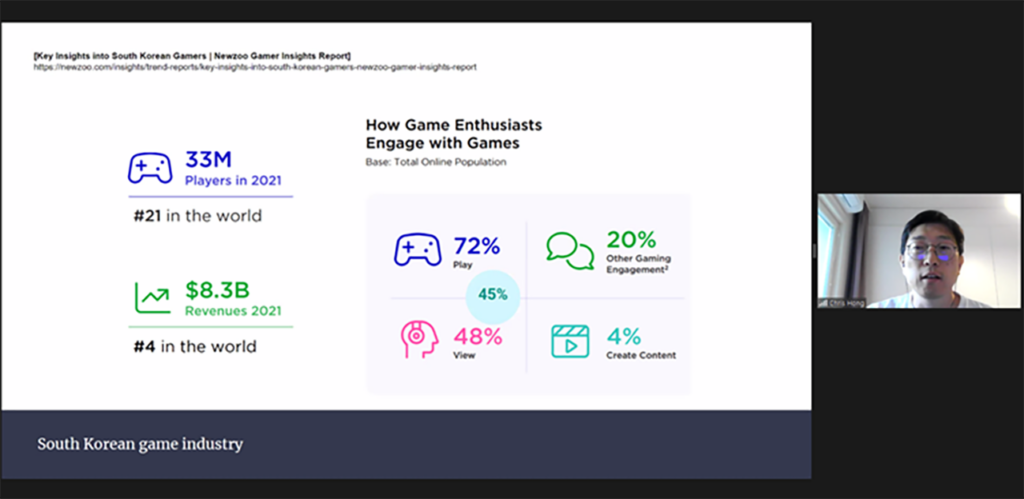 [Alt: Screenshot that has a slide on the left and small picture of presenter on the right. Slide presents the Key Insights into South Korean gamers by Newzoo. There are 33M players and the revenue is $8.3B]
