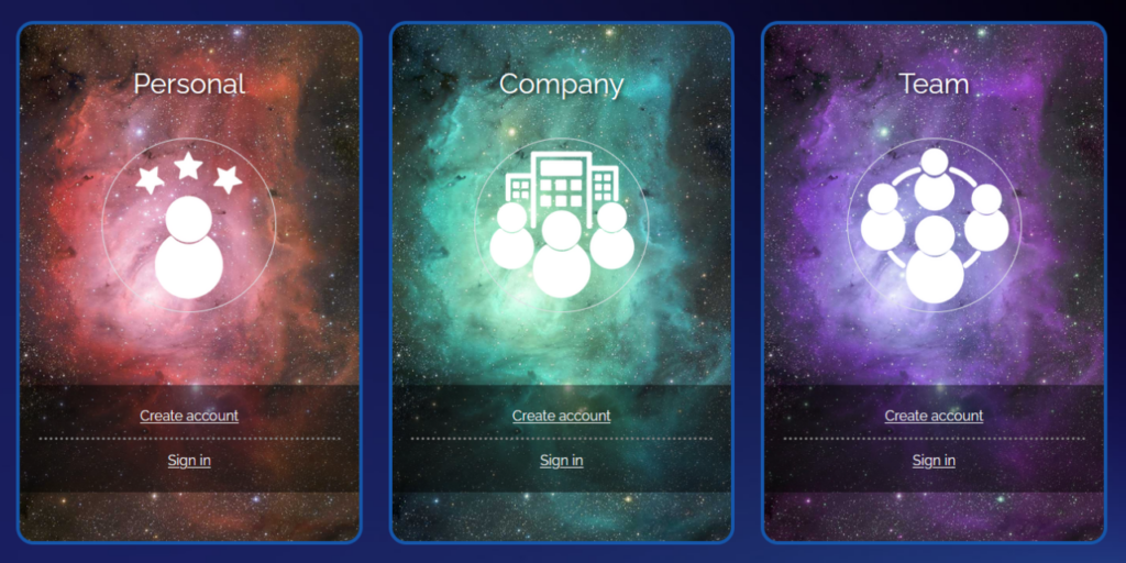 Game Dev Talentpool rekrytointialustan kolme eri käyttäjätilikuvaketta, joissa tekstit: Personal, Company ja Team. 