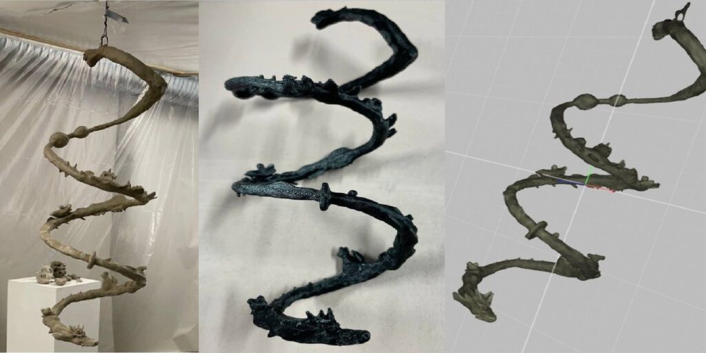 (a) real clay sculpture that resembels a snake (b) 3d printed version of the sculpture.  (c) computer created 3d model of the clay sculpture