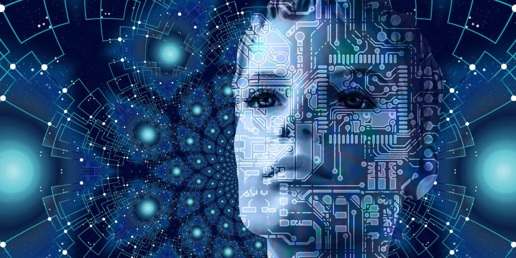 Futuristic picture collage in blue. In the background there is female style face and on front shapes that resemble micro circuits. 
