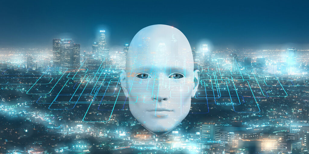 tietokoneella tehty futuristinen kuva. Kuvassa etualalla tekoälyä kuvaava ihmisen pää ja taustalla rakennuksia