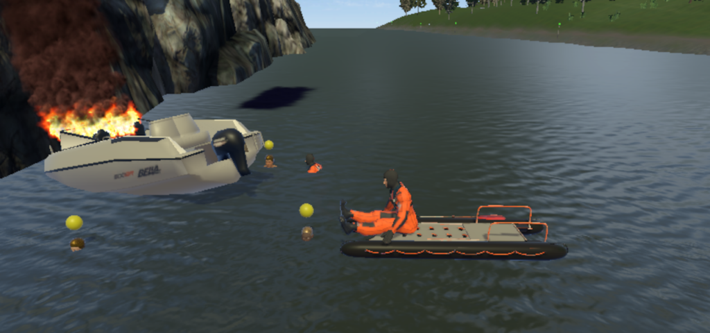 Kuvakaapapus VR-ympäristöstä. Joen kalliorantaan törmännyt pieni vene, jonka neljä matkustajaa ovat joutuneet veden va-raan. Veneen keula on syttynyt palamaan. Paikalle on saapunut kaksi pelastajaa, joista toinen ui ja toinen käyttää pelastuslauttaa. He ovat ryhtymässä pelastamaan kahta veneen matkusta-jaa.)