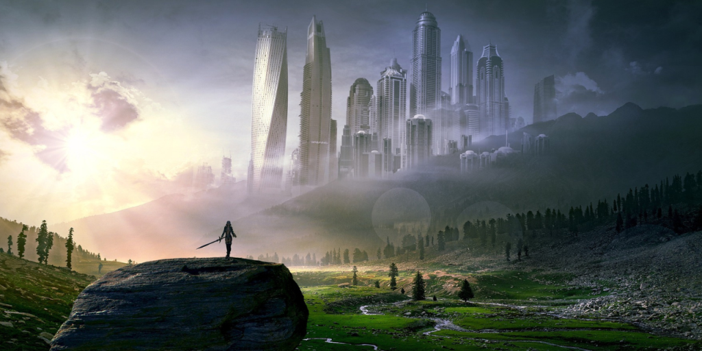 Fantasiahahmo jolla miekka kädessä seisoo kiven päällä katsomassa futuristista kaupunkia. Aurinko loistaa pilvien välistä