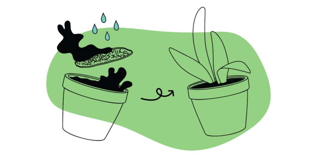 Visualisoitu kuva siemenhiuskuitubiomuovin käytöstä kukkaruukussa. Tuote laskeutuu ensimmäiseen ruukkuun, jonne putoaa myös vettä pisaroina. Lopputuloksena toisessa ruukussa nelilehtinen kasvi kasvamassa.