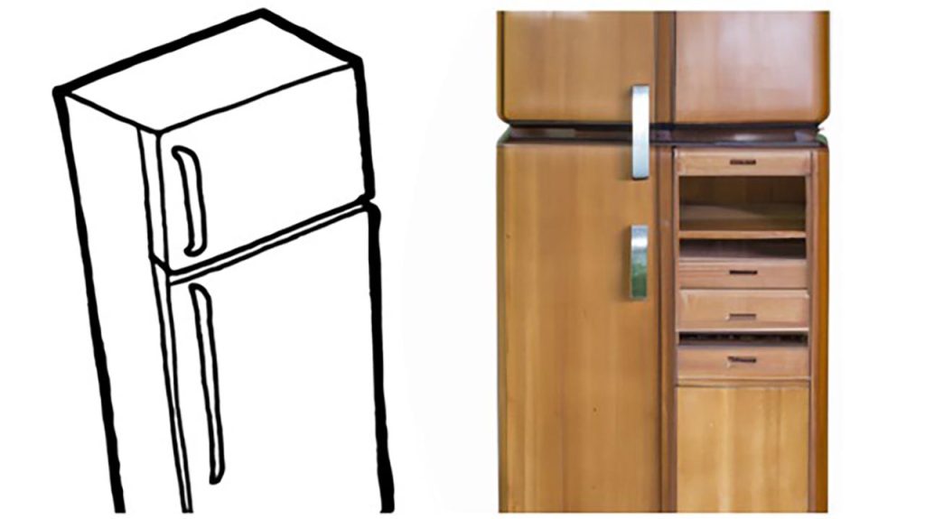 [ALT: vasemmalla mustavalkoinen pelkistetty piirros jääkaapissa, oikealla värikuva puisesta jääkaapista.]
