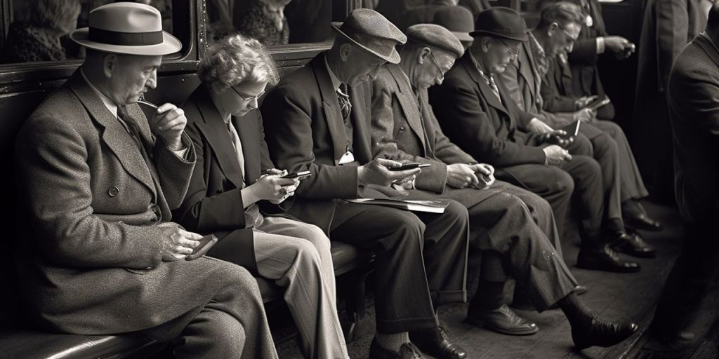 [ALT: Mustavalkoinen vanhanajan kuva, jossa penkillä istuvat ihmiset käyttävät älypuhelimia.]