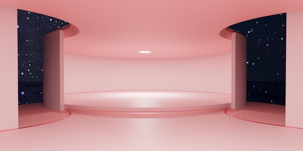 3D modelled round shaped pink room with two balconies.