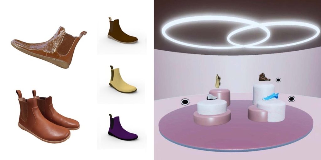 Kahden kuvan kollaasi. Ensimmäisessä kuvassa kuvia 3d-kengän työstämisen eri vaiheista sekä värivaihtoehdoista. Toisessa kuvassa renderöity näkymä vaaleanpunaisesta showroom-tilasta, jossa kengät leijuvat pyöreiden standien päällä ja katossa on kahdeksikon muotoinen led-valo.